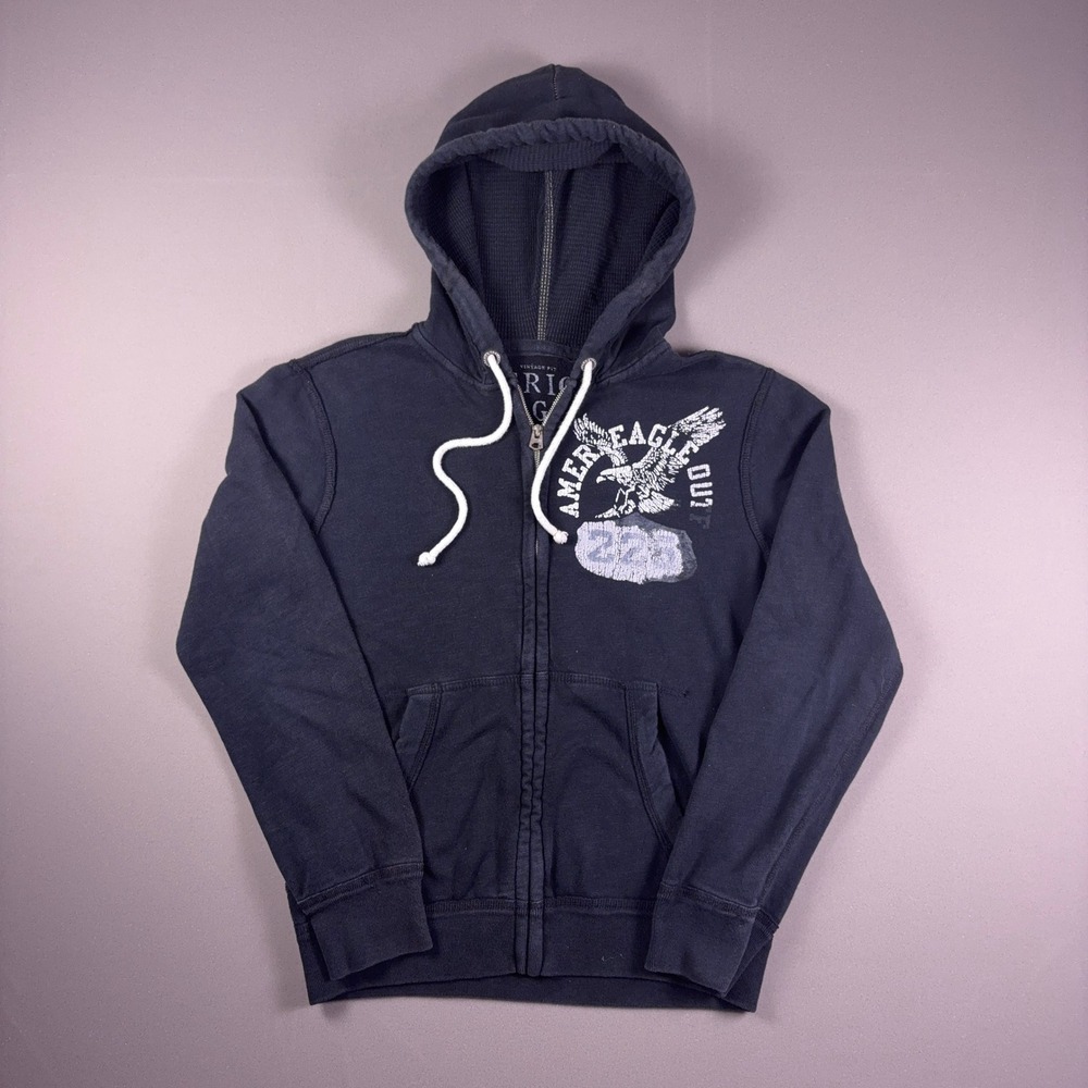 Vintage American Eagle Zip Up Hoodie Navy Blue Graphic Eagle Sweatshirt Small